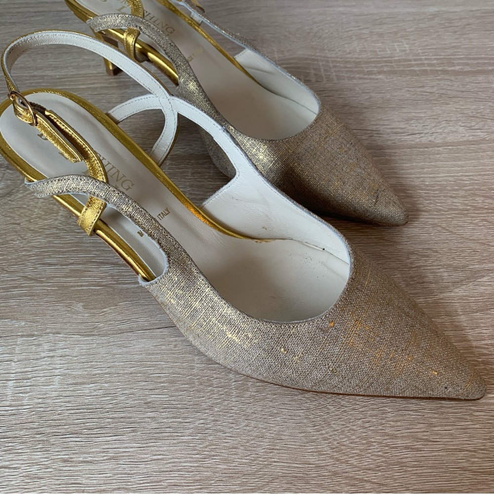 Vintage Pointed Toe Slingback Pump Gold Heels Special Occasion Something Bleu - Picture 14 of 15